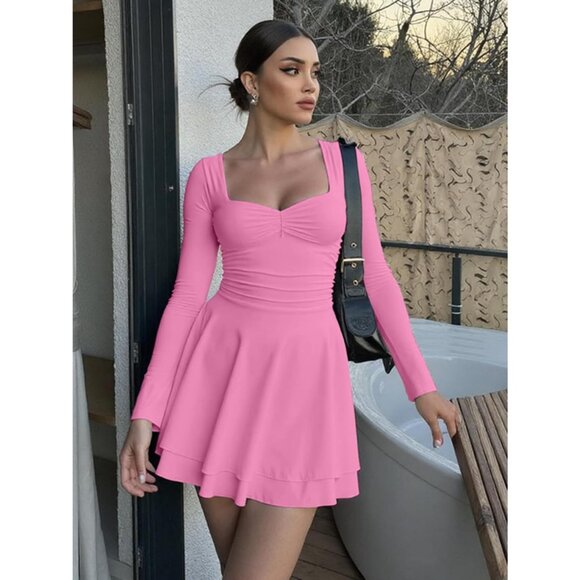 Women's Pink Square Neck Long Sleeves Ruched Ruffle Corset A Line Party Dress - Picture 2 of 4